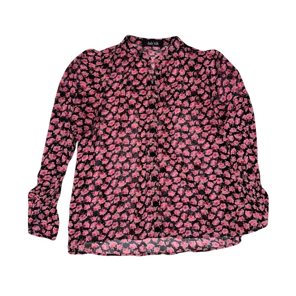 Fab’rik Sheer Long Sleeved Floral Blouse w/Gold Tone Buttons Sz Small Pink Black